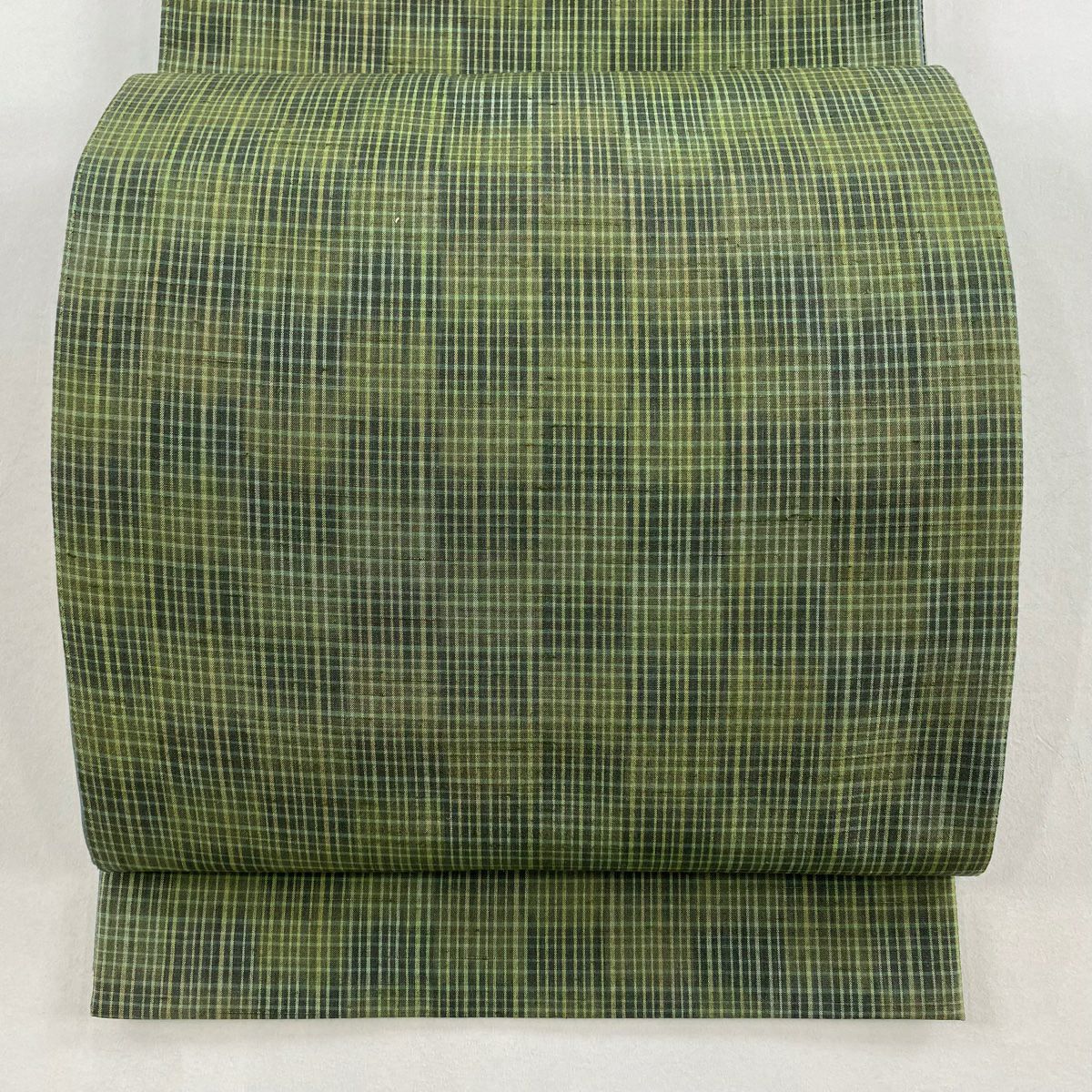 【美品】 袋帶 秀品級 格子 葉綠色 全通 純蠶絲