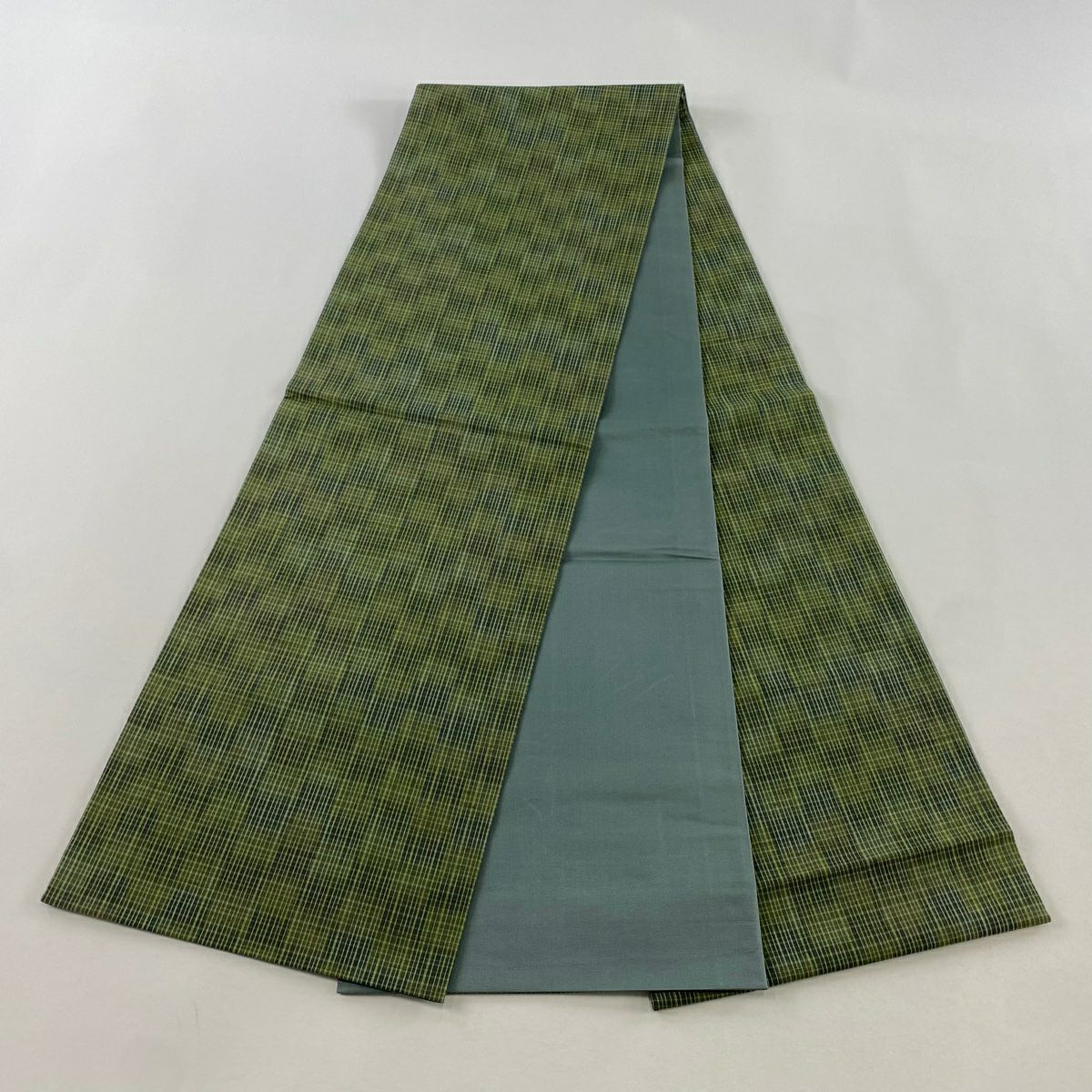 【美品】 袋帶 秀品級 格子 葉綠色 全通 純蠶絲