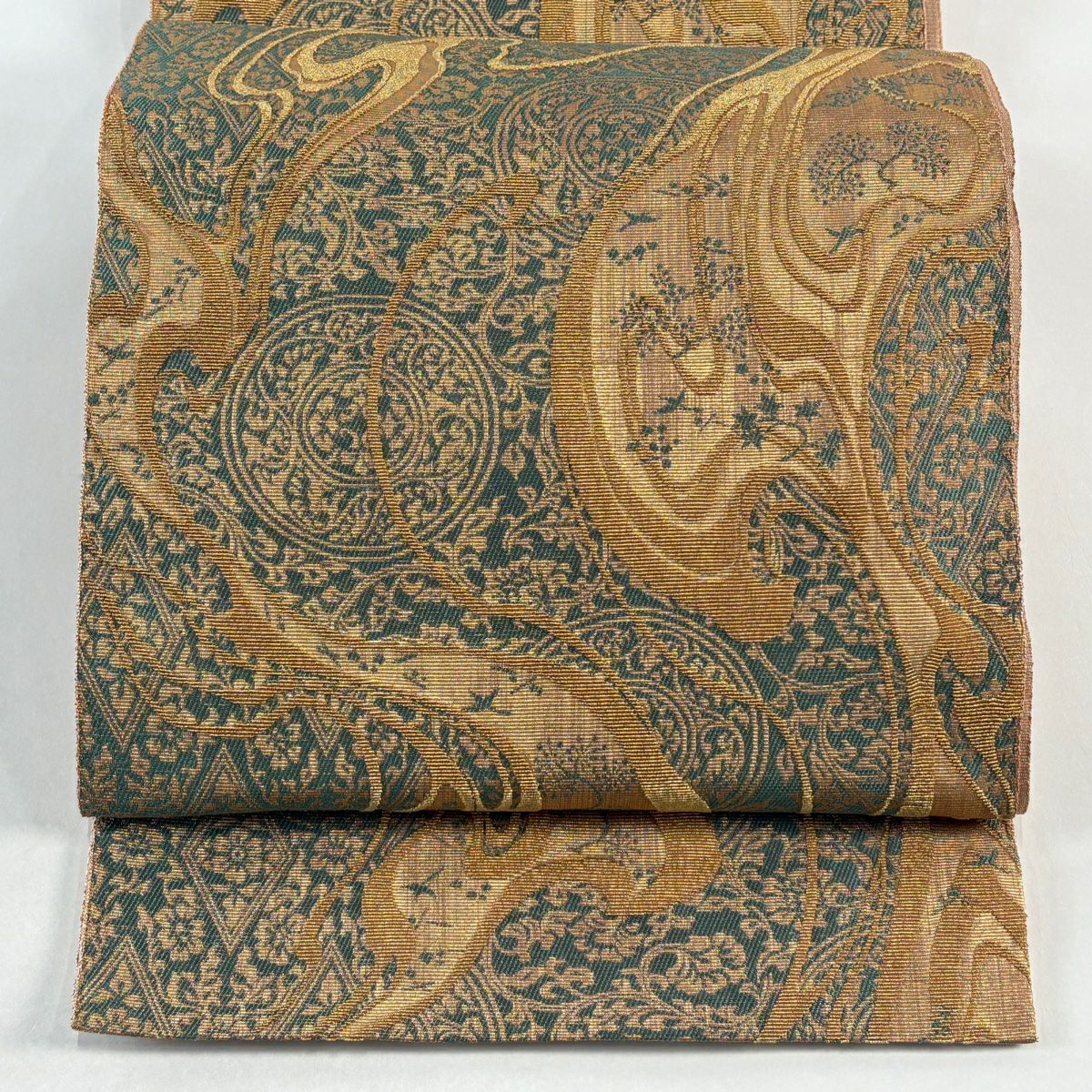 【美品】 袋帶 秀品級 草花紋紋 鳥 金絲 灰綠 六通 純蠶絲