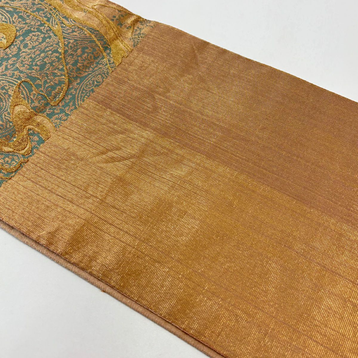【美品】 袋帶 秀品級 草花紋紋 鳥 金絲 灰綠 六通 純蠶絲