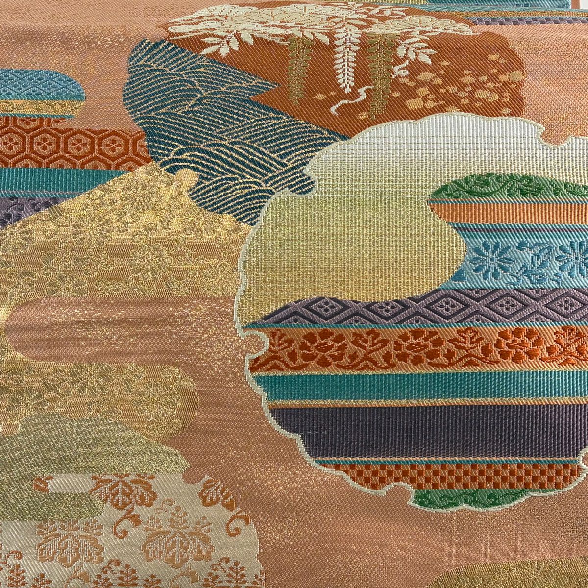 【美品】 袋帶 秀品級 關西仕立 雪輪 霞 金絲 金金箔 粉米色 六通 純蠶絲
