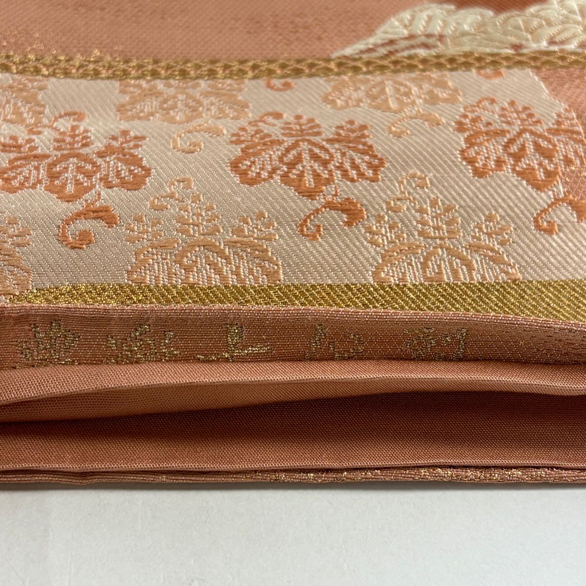 【美品】 袋帶 秀品級 關西仕立 雪輪 霞 金絲 金金箔 粉米色 六通 純蠶絲