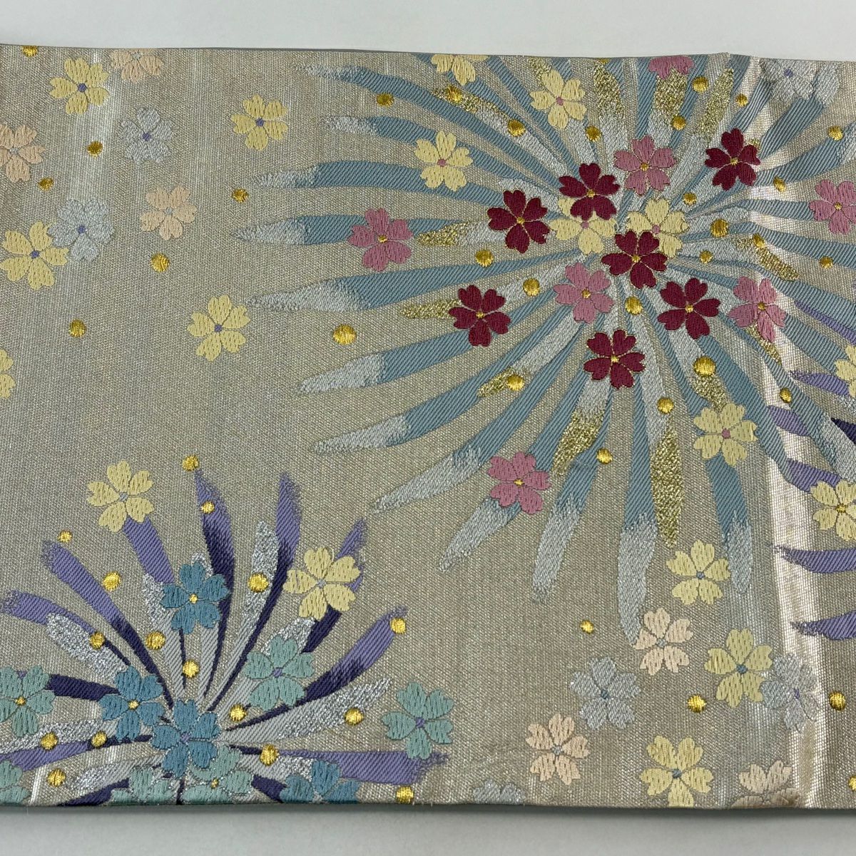【美品】 袋帶 秀品級 櫻花 金銀彩 金金箔 灰白 六通 純蠶絲