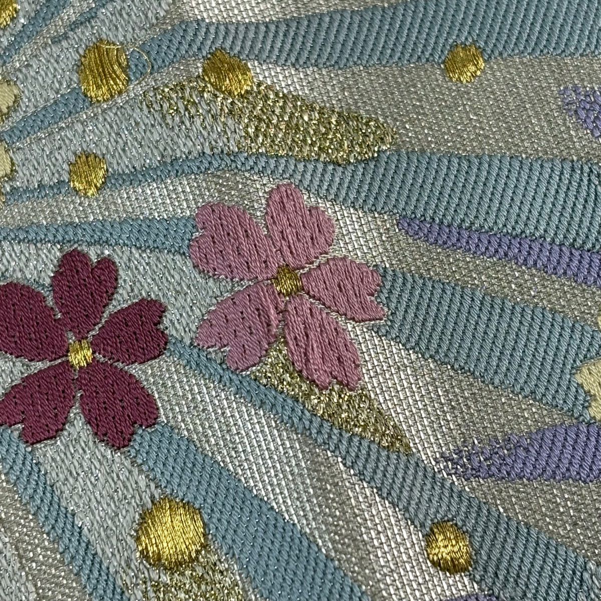 【美品】 袋帶 秀品級 櫻花 金銀彩 金金箔 灰白 六通 純蠶絲