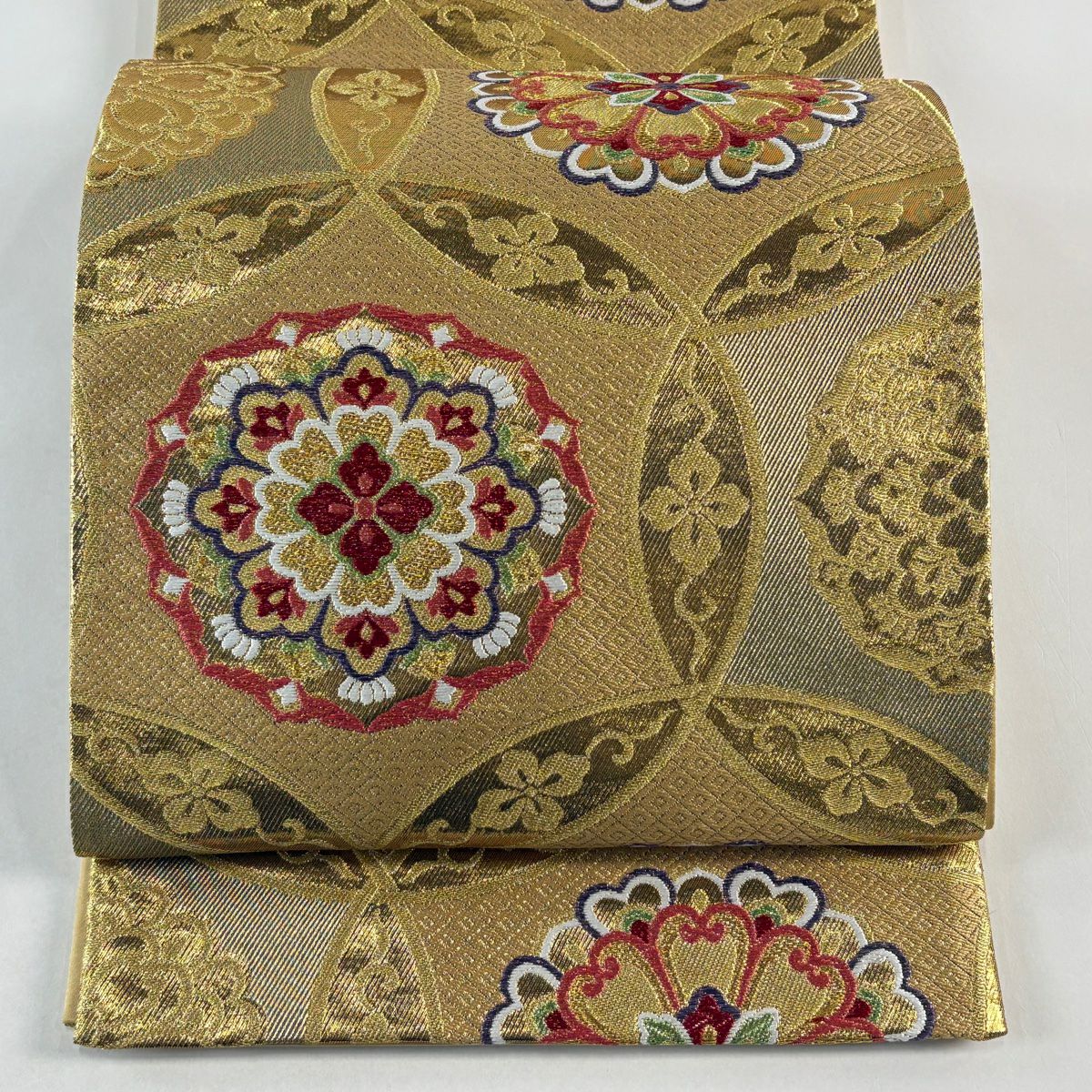 【美品】 袋帶 秀品級 華紋 花唐草紋 金絲 金金箔 米色 六通 純蠶絲