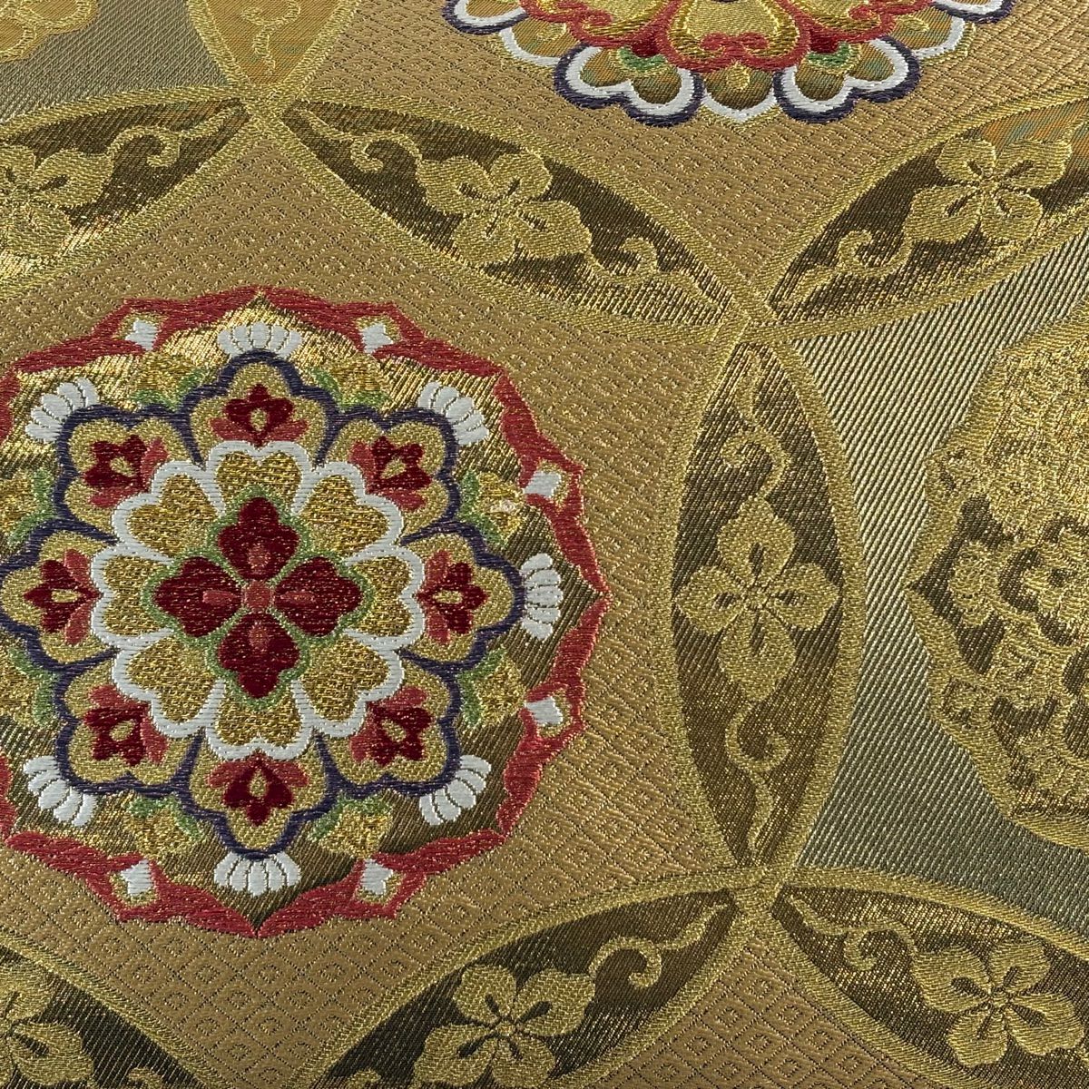【美品】 袋帶 秀品級 華紋 花唐草紋 金絲 金金箔 米色 六通 純蠶絲