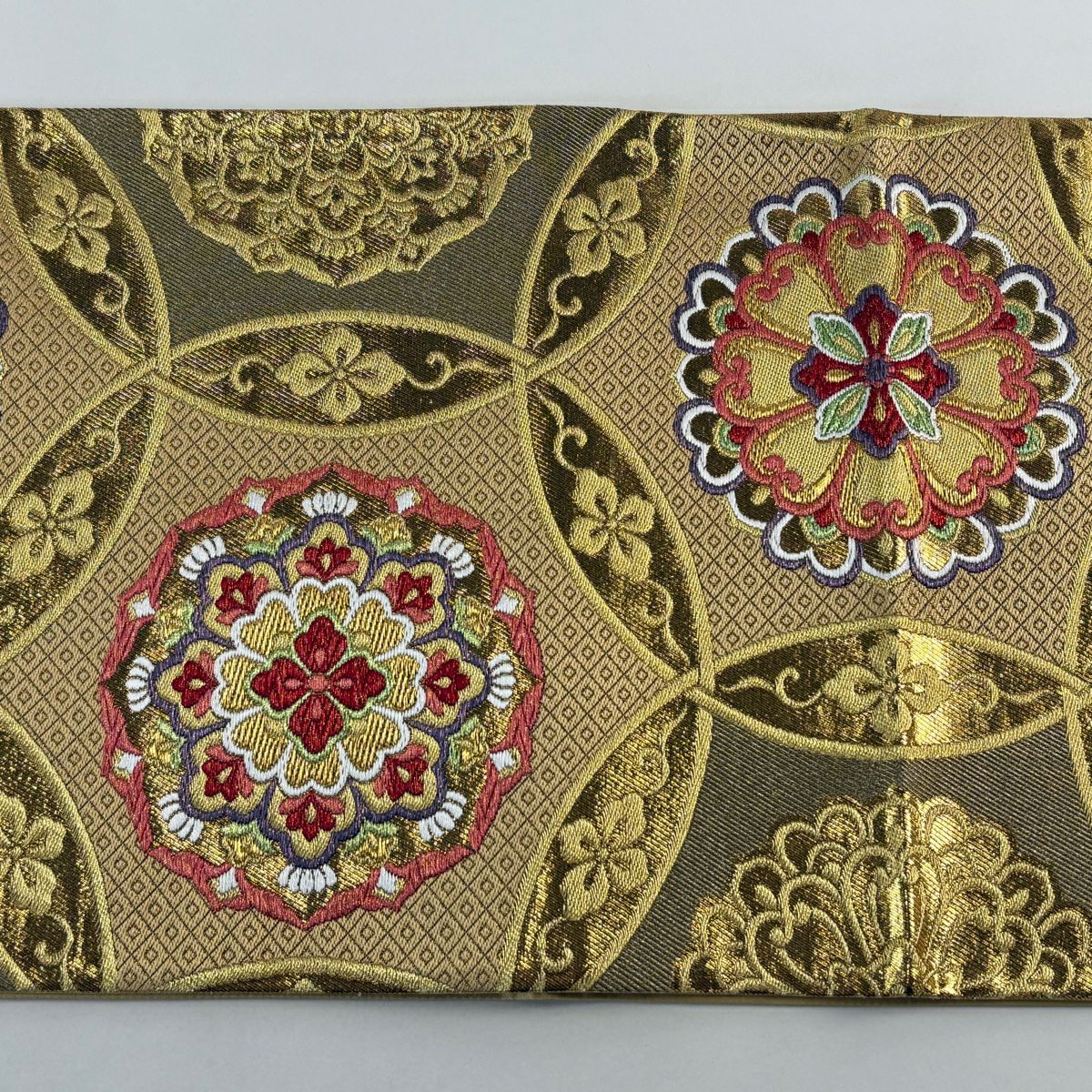 【美品】 袋帶 秀品級 華紋 花唐草紋 金絲 金金箔 米色 六通 純蠶絲