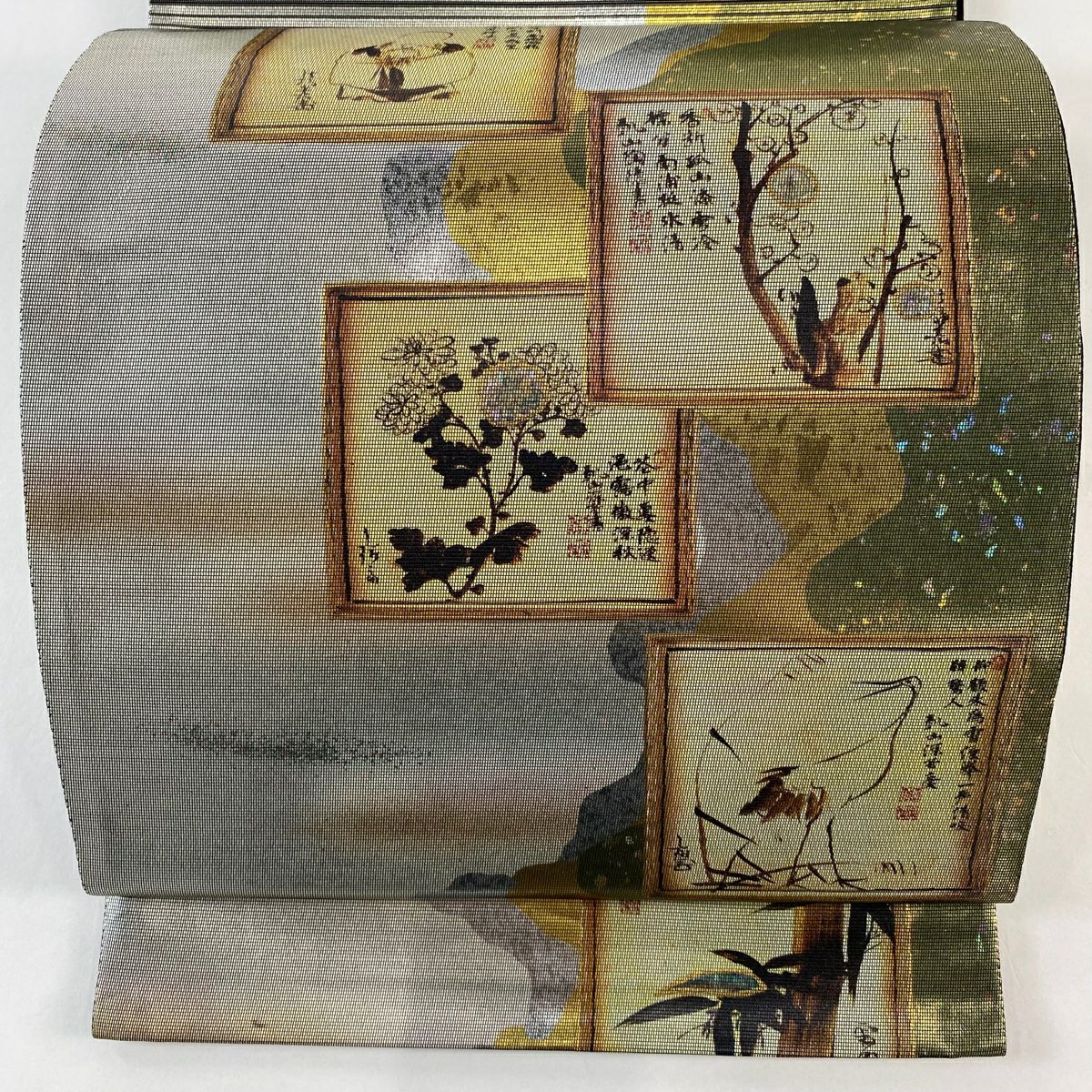 【美品】 袋帶 秀品級 色紙 文字紋 螺鈿金金箔 金金箔 銀 お太鼓紋 純蠶絲