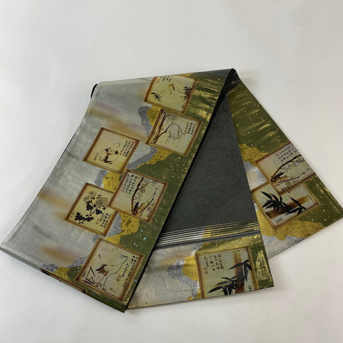 【美品】 袋帶 秀品級 色紙 文字紋 螺鈿金金箔 金金箔 銀 お太鼓紋 純蠶絲