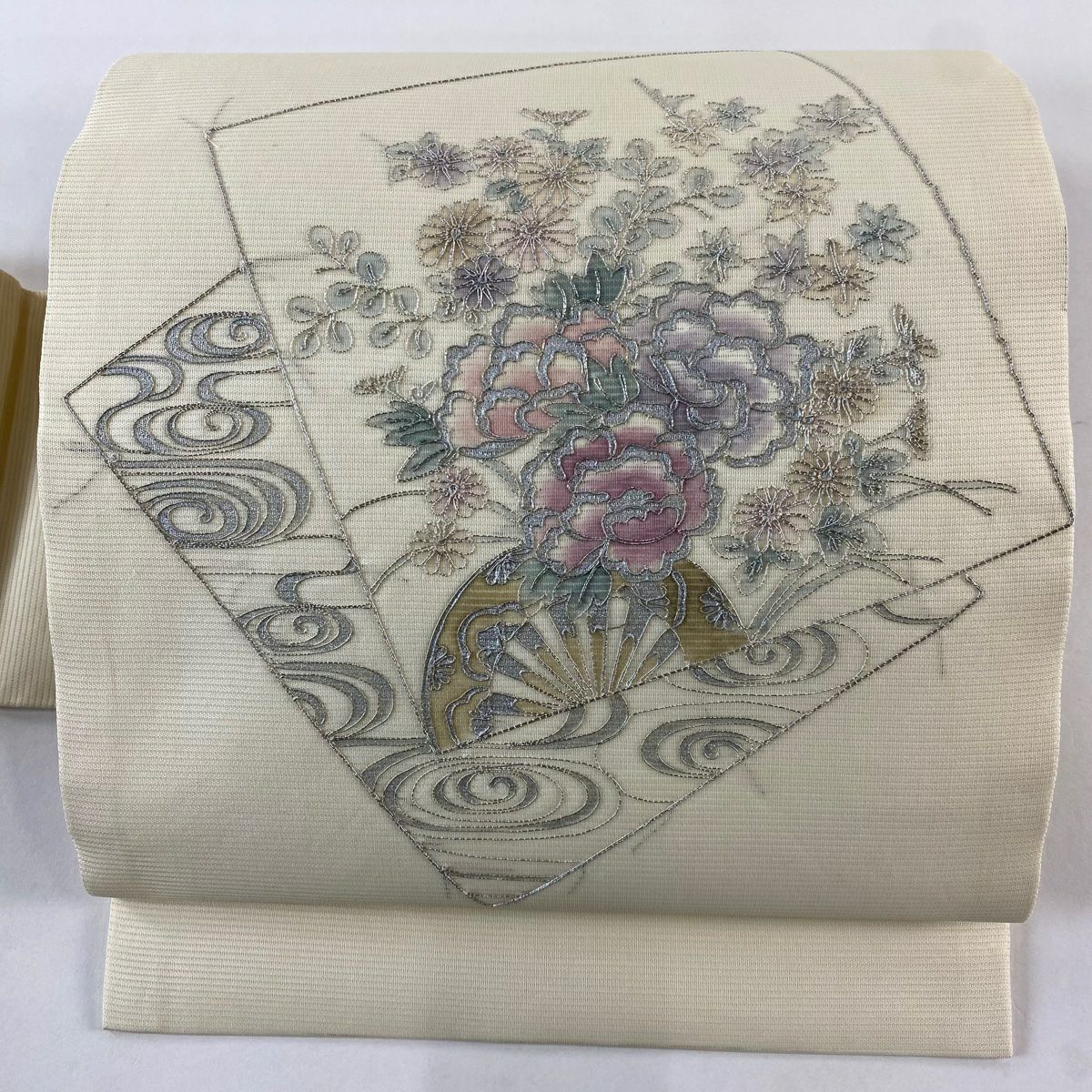名古屋帶 優品級 夏帶 色紙 花車 銀絲 金銀彩 奶油色 純蠶絲