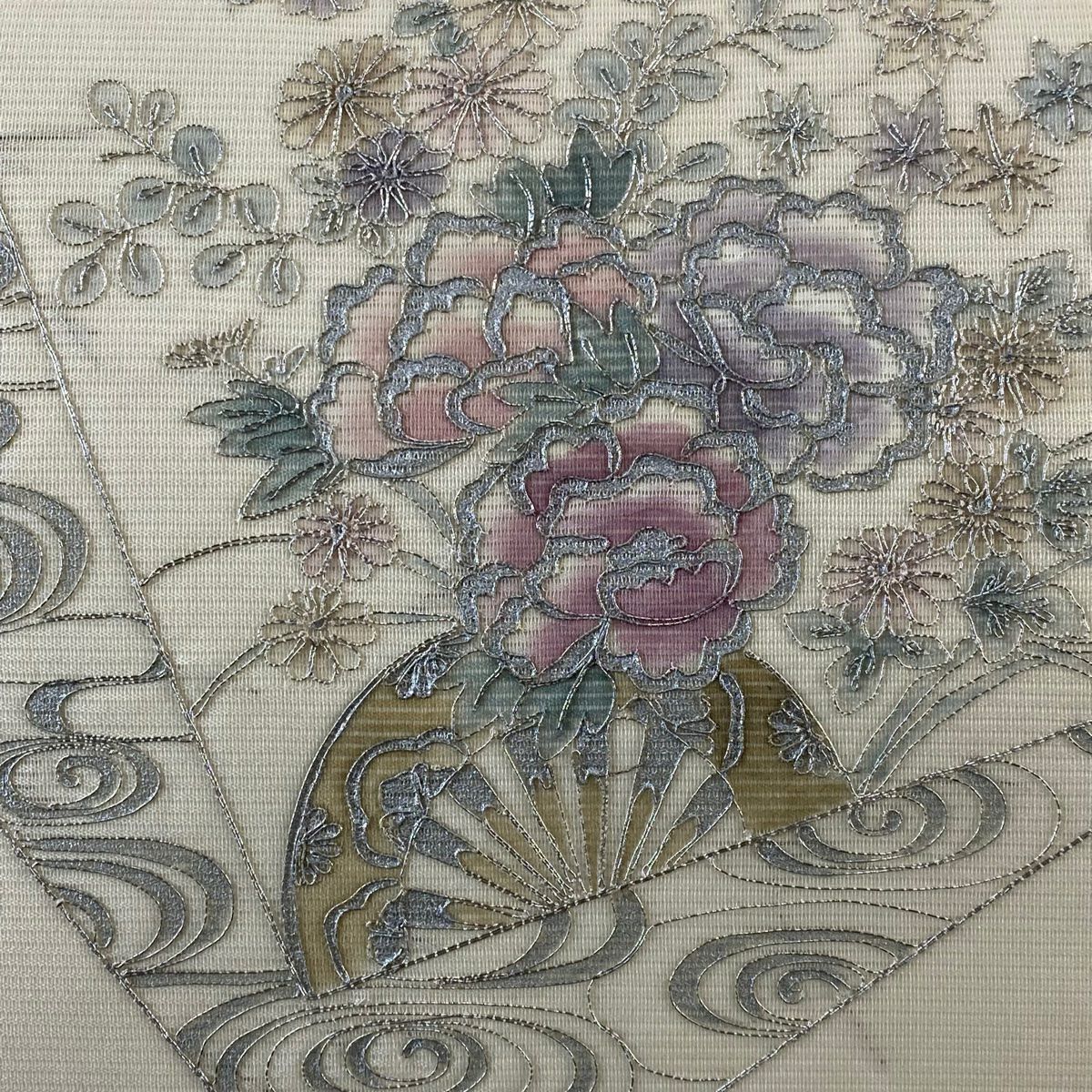 名古屋帶 優品級 夏帶 色紙 花車 銀絲 金銀彩 奶油色 純蠶絲