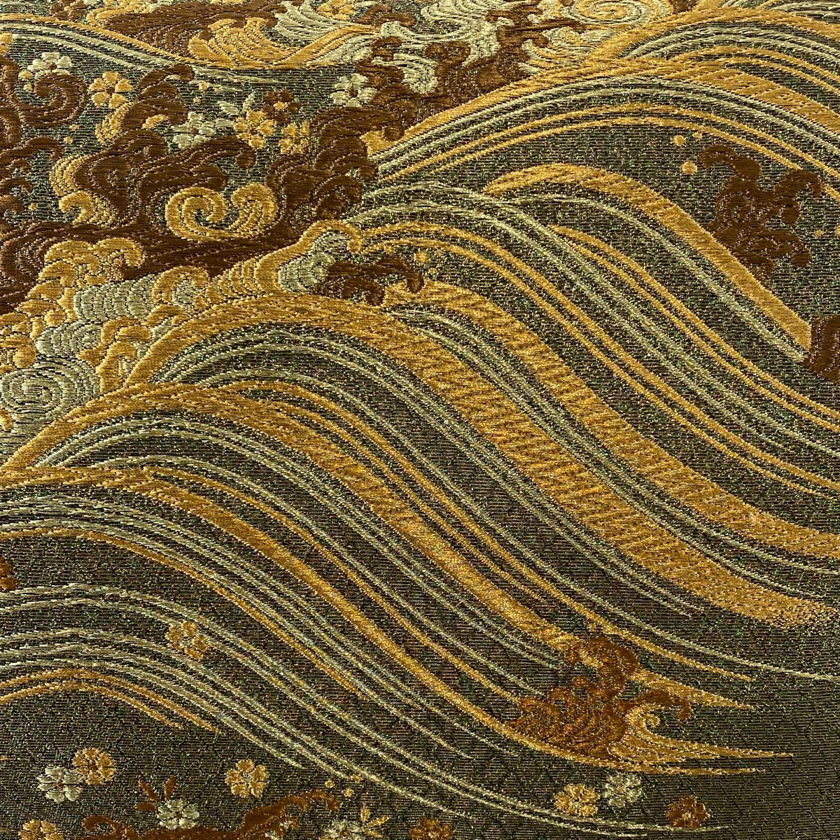 【美品】 袋帶 秀品級 波頭 草花紋 金糸 金茶 六通 純蠶絲