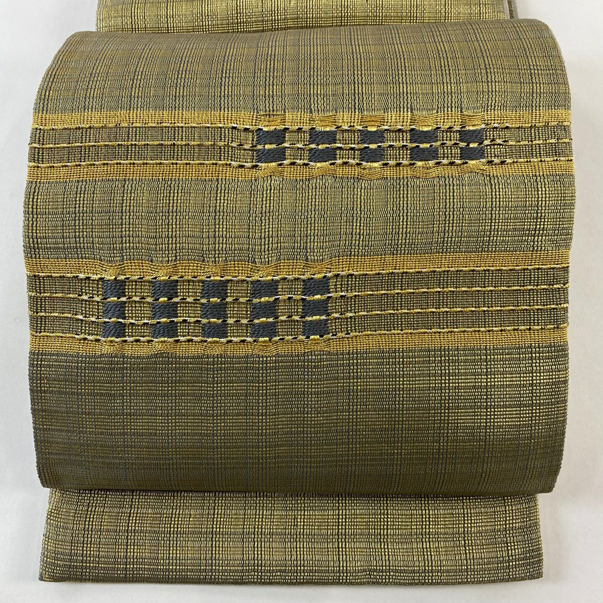【美品】 袋帶 秀品級 縞 幾何學 金絲 綠色 大鼓圖案 純蠶絲