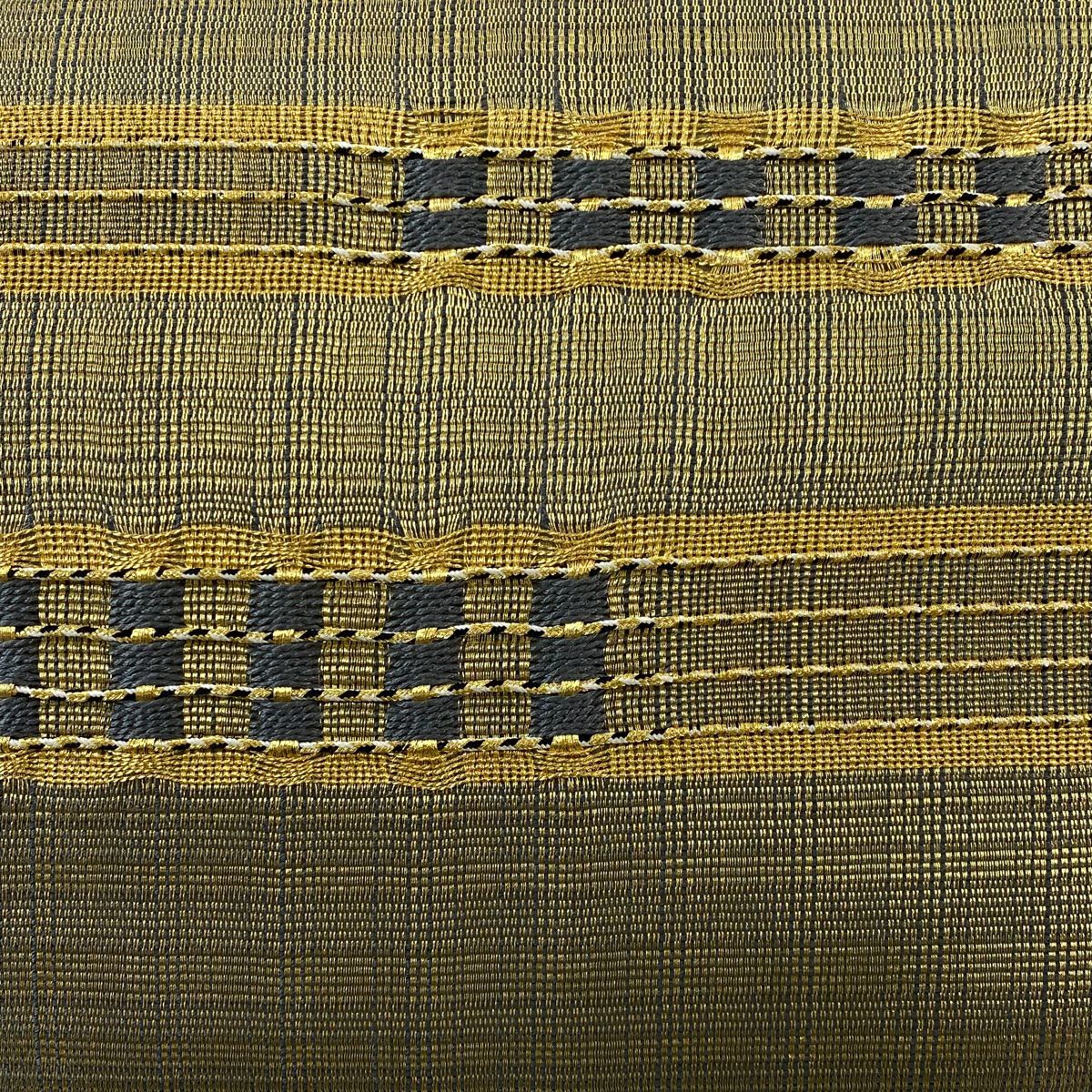 【美品】 袋帶 秀品級 縞 幾何學 金絲 綠色 大鼓圖案 純蠶絲