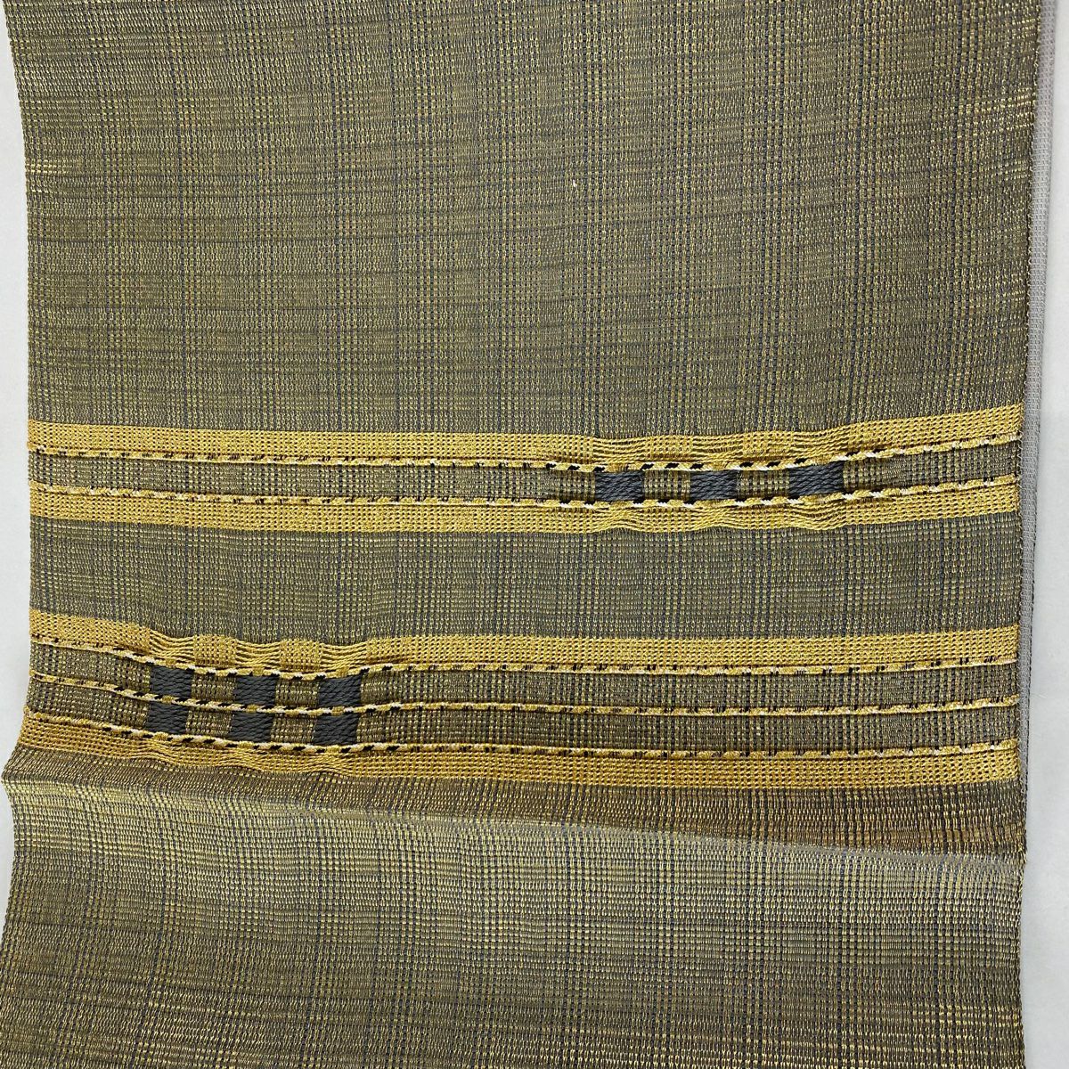 【美品】 袋帶 秀品級 縞 幾何學 金絲 綠色 大鼓圖案 純蠶絲