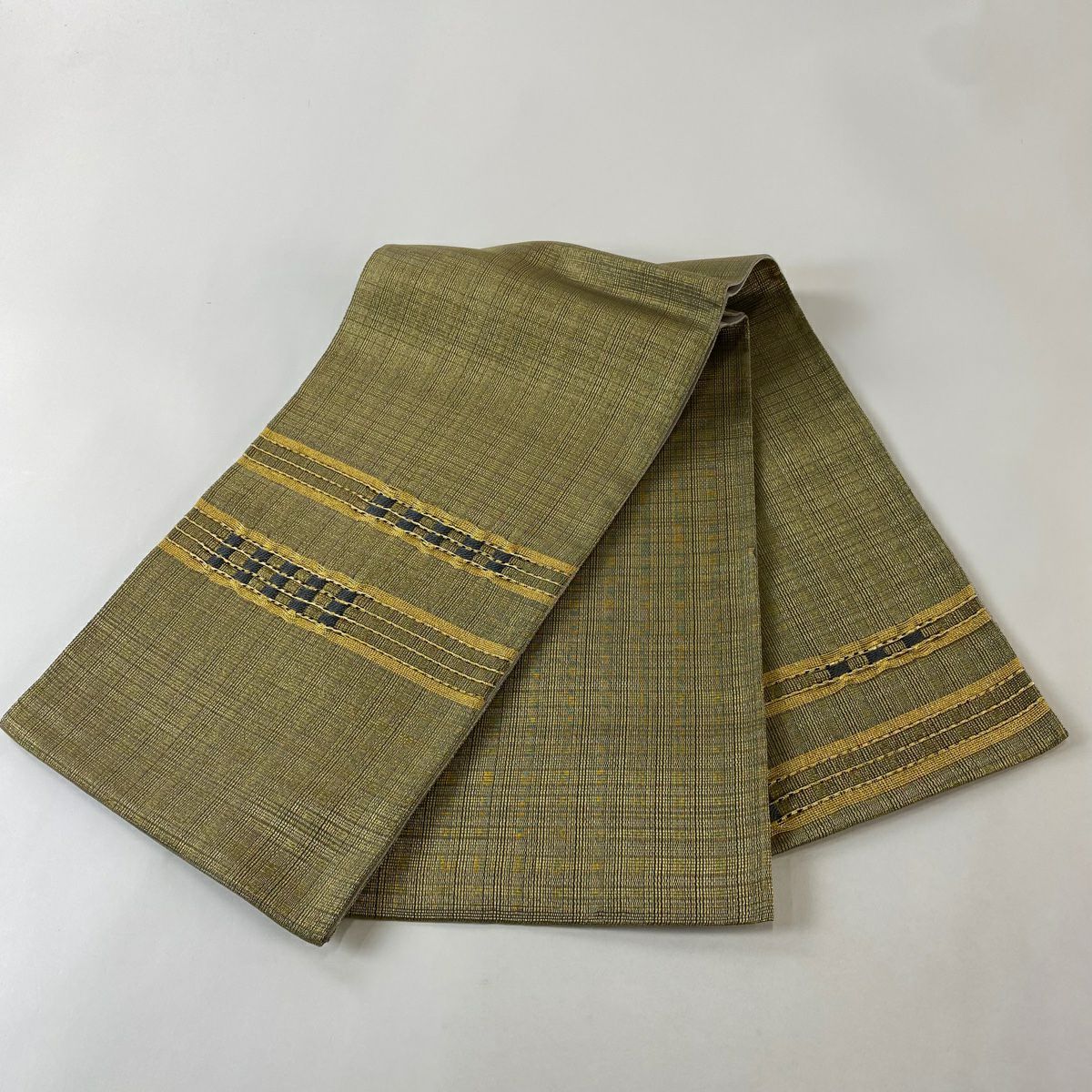 【美品】 袋帶 秀品級 縞 幾何學 金絲 綠色 大鼓圖案 純蠶絲