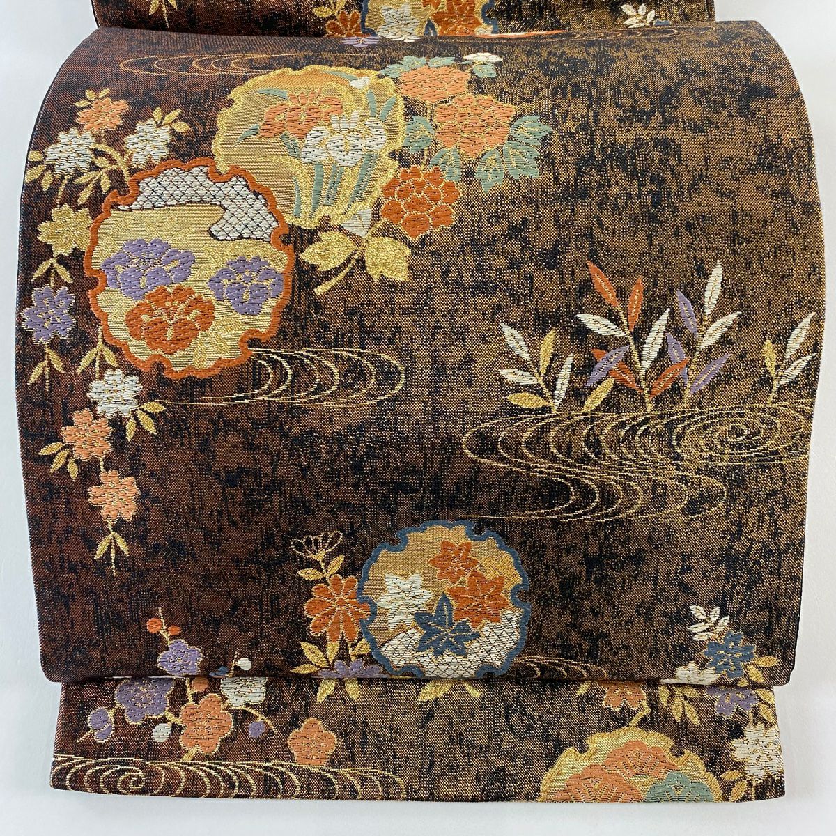 【美品】 袋帶 秀品級 雪輪 草花紋 金金箔 金線 黑 六通 純蠶絲