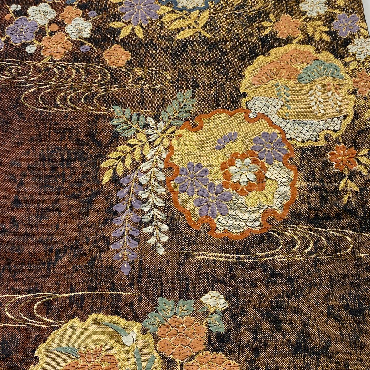 【美品】 袋帶 秀品級 雪輪 草花紋 金金箔 金線 黑 六通 純蠶絲