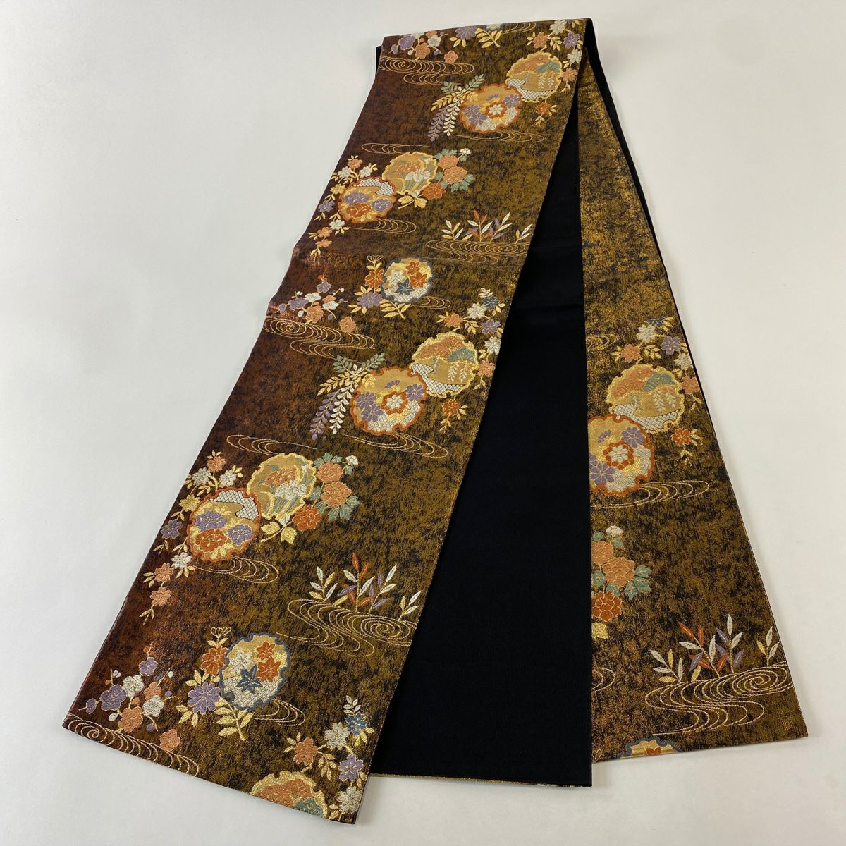 【美品】 袋帶 秀品級 雪輪 草花紋 金金箔 金線 黑 六通 純蠶絲