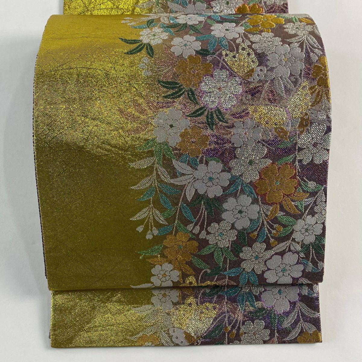 【美品】 袋帶 秀品級 垂枝櫻 蝴蝶 金絲 金金箔 抹茶 深綠 六通 純蠶絲