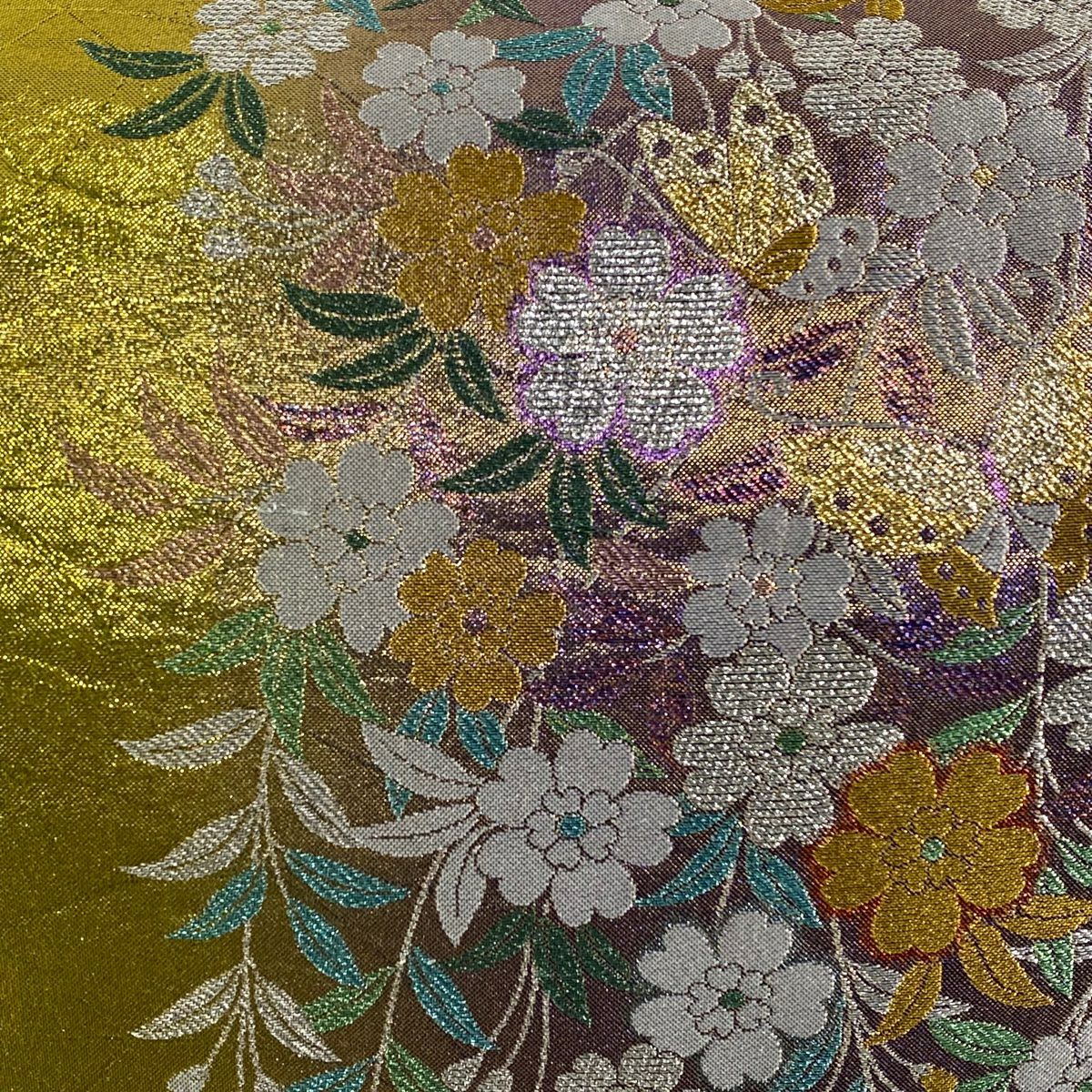 【美品】 袋帶 秀品級 垂枝櫻 蝴蝶 金絲 金金箔 抹茶 深綠 六通 純蠶絲