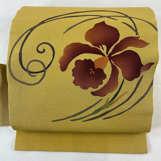 【美品】 名古屋帶 秀品級 草花紋紋 漸層 黃土 純蠶絲