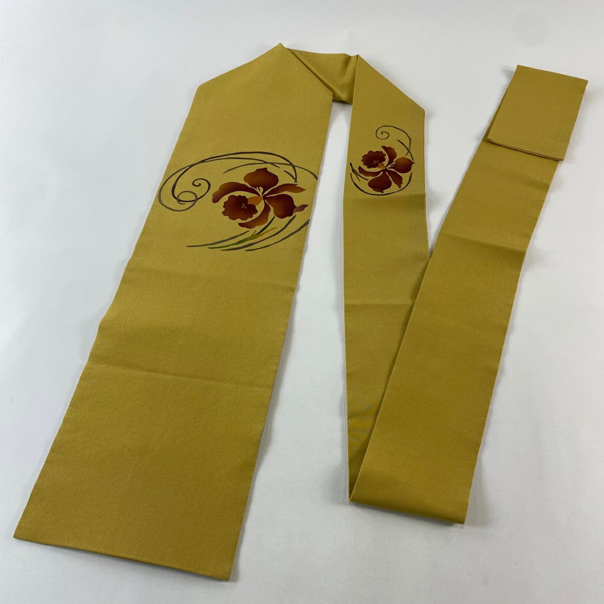 【美品】 名古屋帶 秀品級 草花紋紋 漸層 黃土 純蠶絲