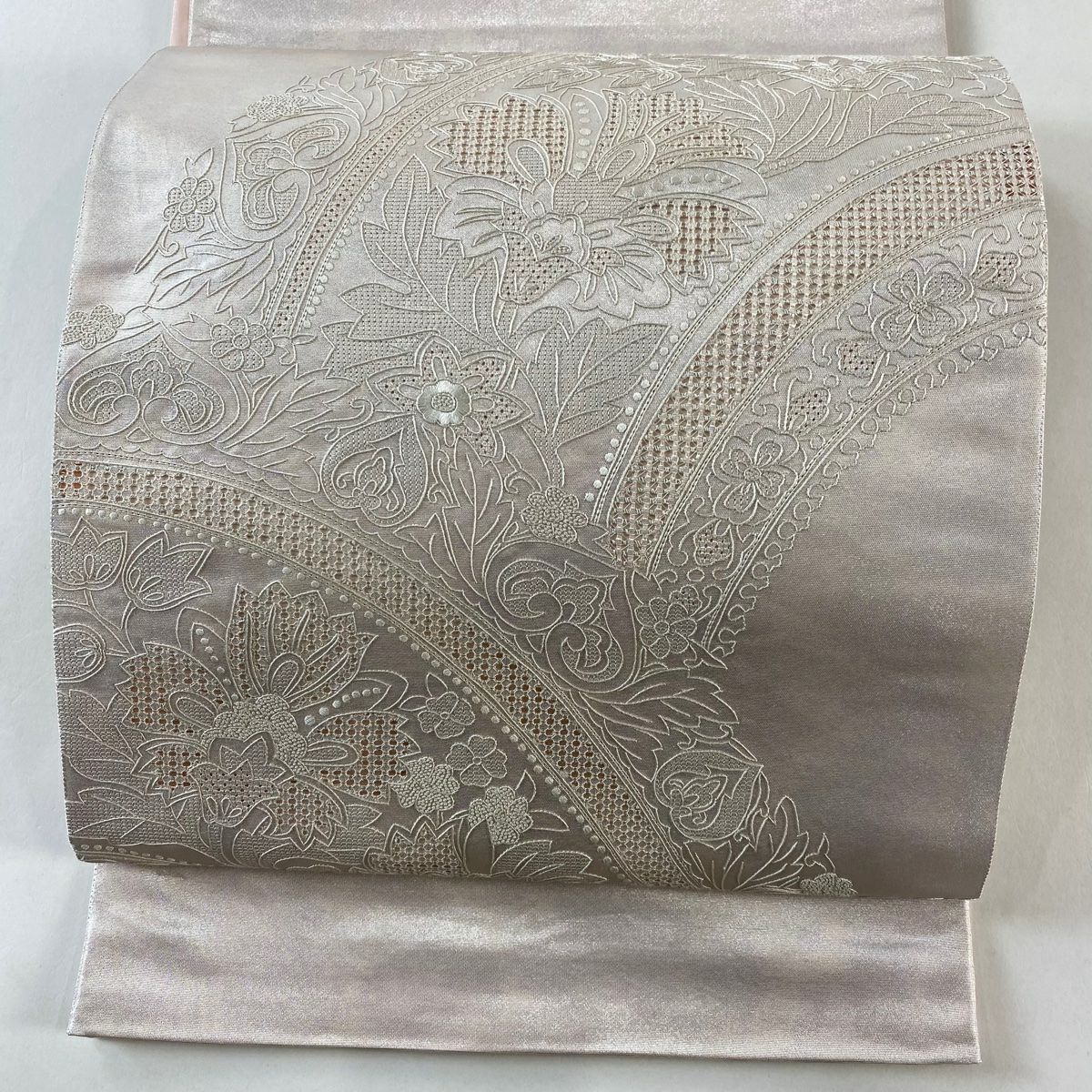 袋帶 秀品級 草花紋紋 刺繡 銀線 灰紫色 大鼓圖案 純蠶絲
