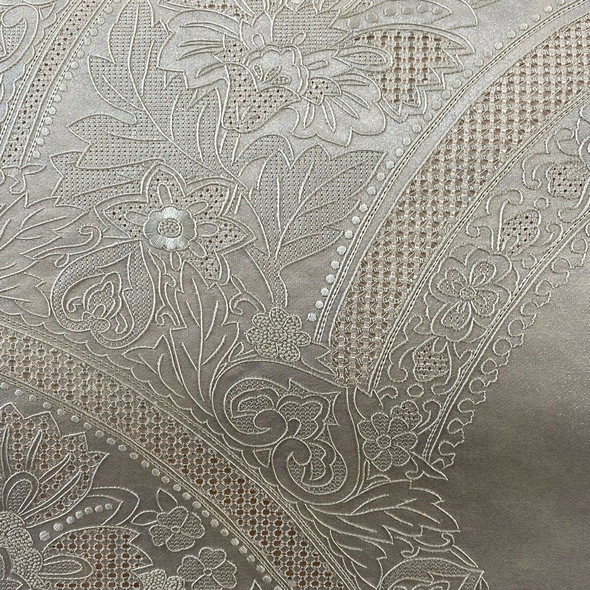 袋帶 秀品級 草花紋紋 刺繡 銀線 灰紫色 大鼓圖案 純蠶絲