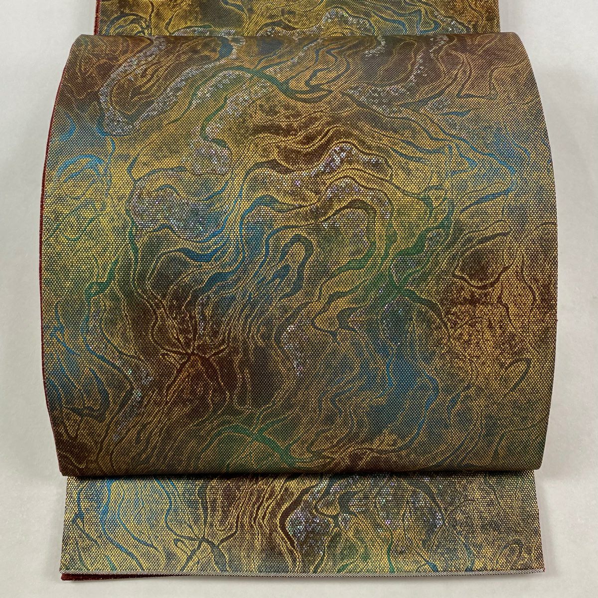 【美品】 袋帶 逸品級 落款あり 伝統金金箔匠 木村幸啓 幾何學圖案 金金箔 茶綠 お太鼓柄 純蠶絲