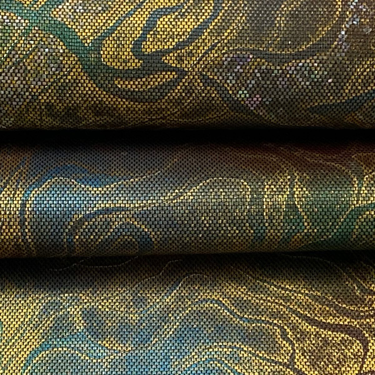 【美品】 袋帶 逸品級 落款あり 伝統金金箔匠 木村幸啓 幾何學圖案 金金箔 茶綠 お太鼓柄 純蠶絲