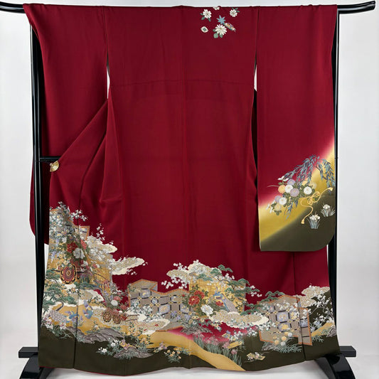 振袖禮服 身長163cm 袖長69cm L 雙層 花車 孔雀 金絲 金銀彩 紅 純蠶絲 名品級