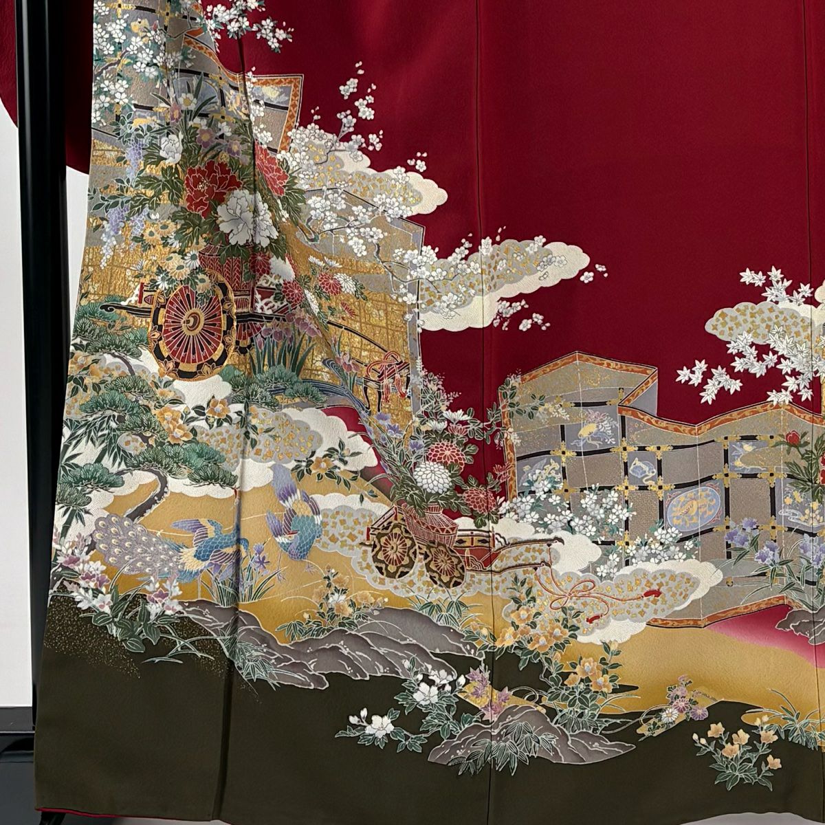振袖禮服 身長163cm 袖長69cm L 雙層 花車 孔雀 金絲 金銀彩 紅 純蠶絲 名品級