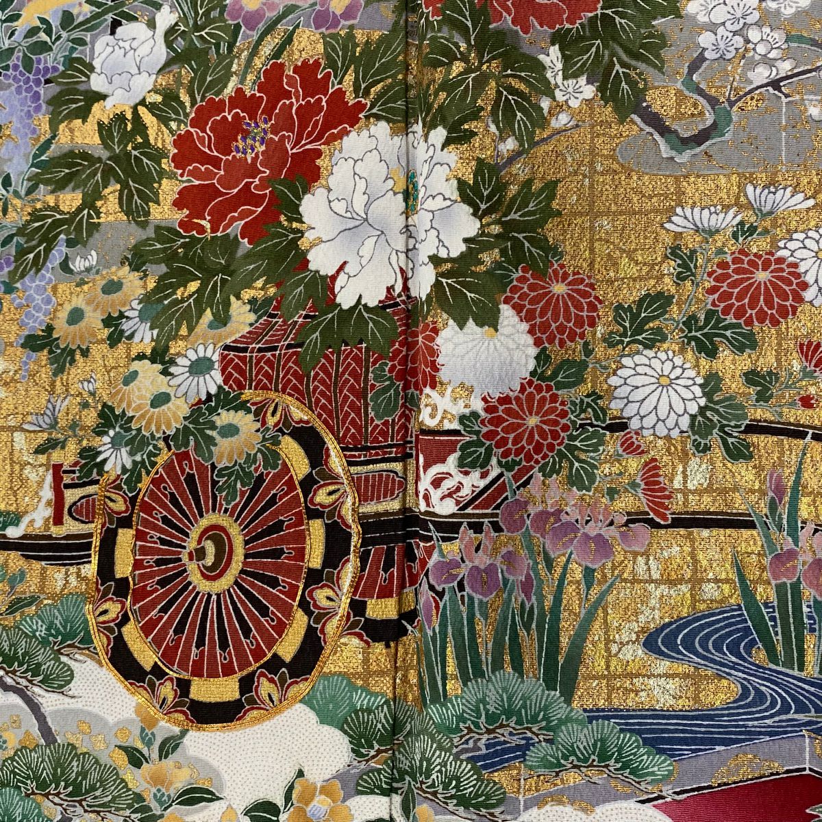 振袖禮服 身長163cm 袖長69cm L 雙層 花車 孔雀 金絲 金銀彩 紅 純蠶絲 名品級