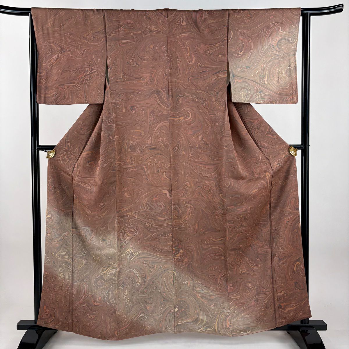 【美品】 付下 身長159.5cm 袖長64cm M 雙層 墨流 薄小豆 純蠶絲 名品級