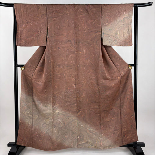 【美品】 付下 身長159.5cm 袖長64cm M 雙層 墨流 薄小豆 純蠶絲 名品級
