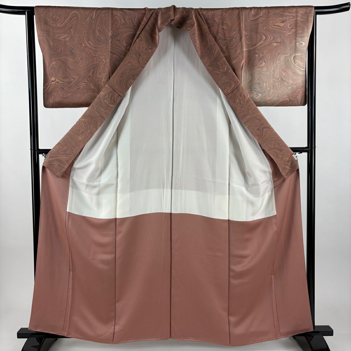 【美品】 付下 身長159.5cm 袖長64cm M 雙層 墨流 薄小豆 純蠶絲 名品級