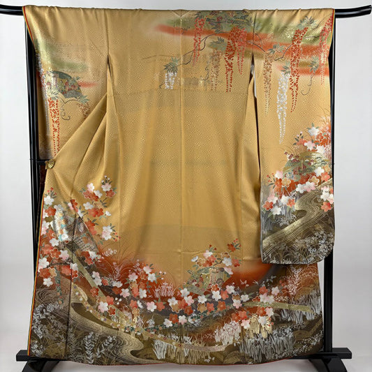 振袖禮服 身長162.5cm 袖長66.5cm M 雙層 桂由美 落款あり 扇子面 姫 金銀彩 漸層 薄茶 純蠶絲 名品級