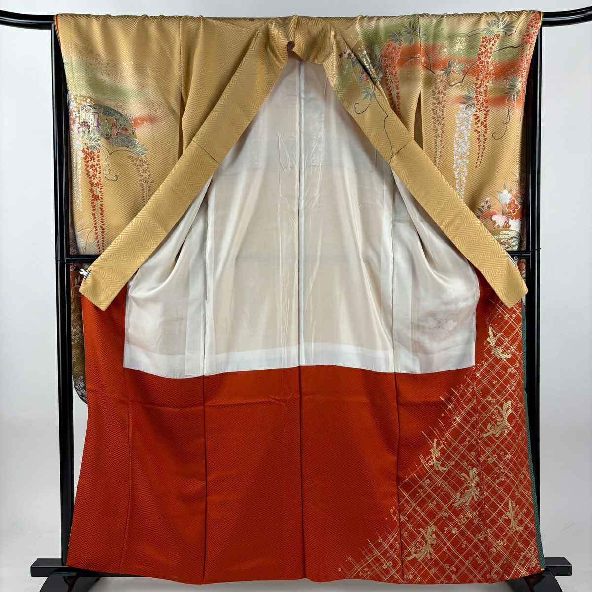 振袖禮服 身長162.5cm 袖長66.5cm M 雙層 桂由美 落款あり 扇子面 姫 金銀彩 漸層 薄茶 純蠶絲 名品級