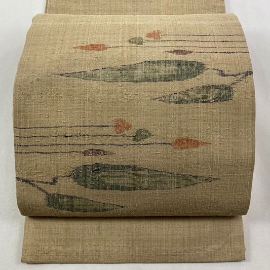 【美品】 開口名古屋帶 名品級 紬織織 葉紋 米色 純蠶絲