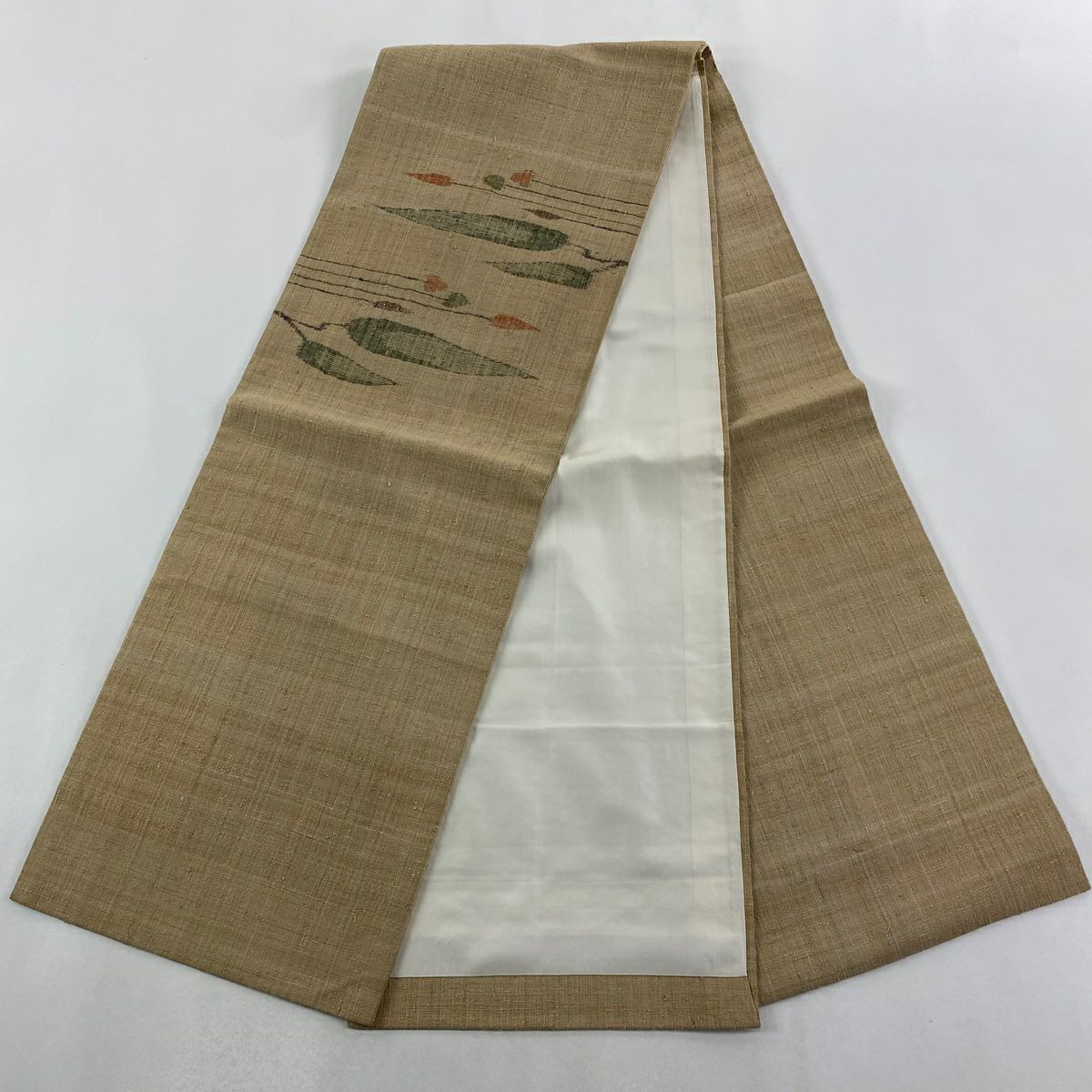 【美品】 開口名古屋帶 名品級 紬織織 葉紋 米色 純蠶絲
