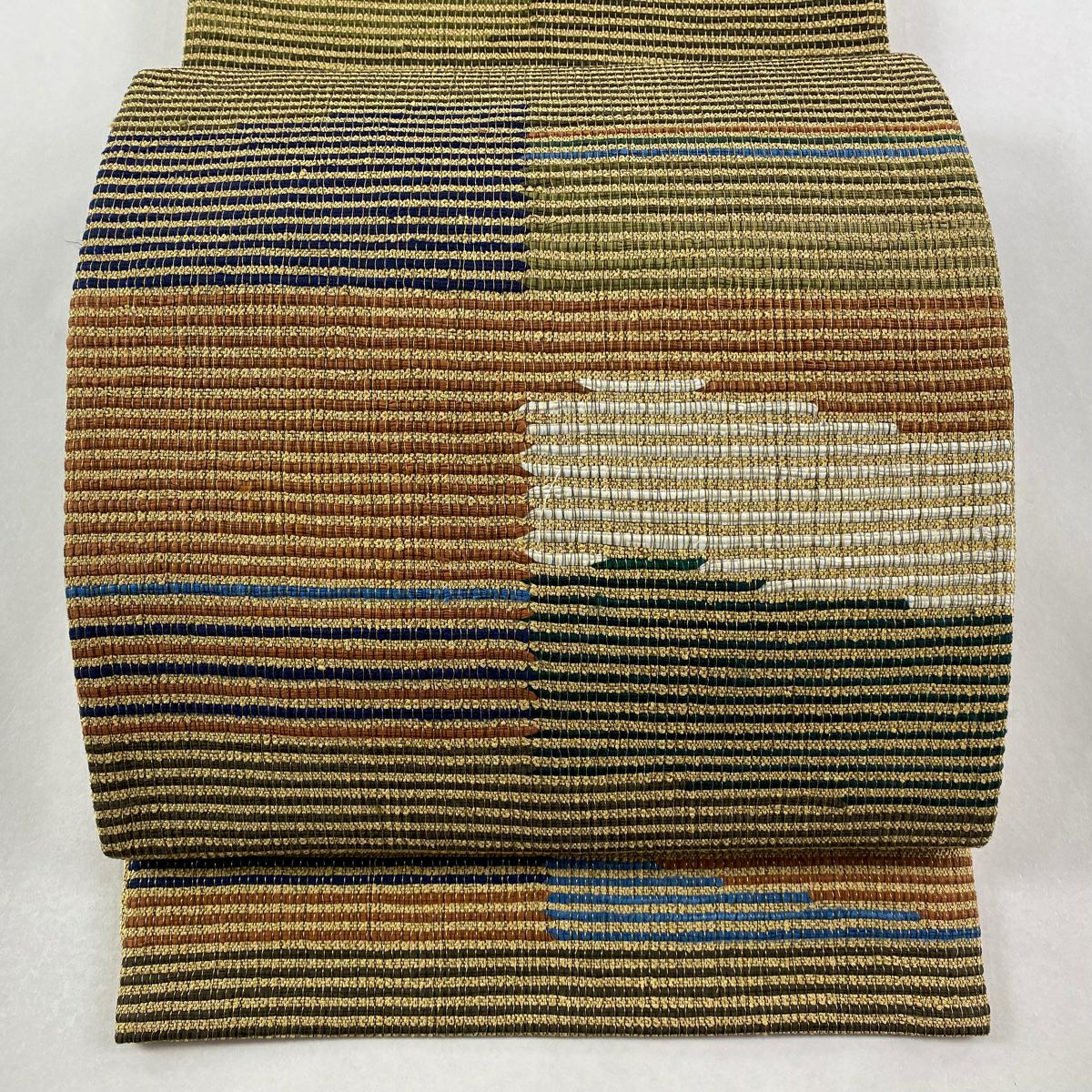【美品】 袋帶 名品級 縞 金糸 茶綠 六通 純蠶絲