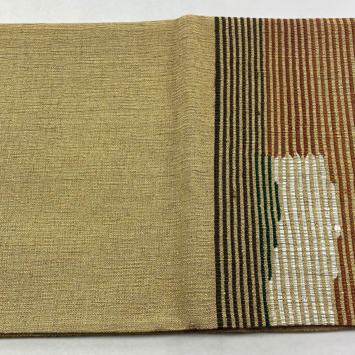 【美品】 袋帶 名品級 縞 金糸 茶綠 六通 純蠶絲