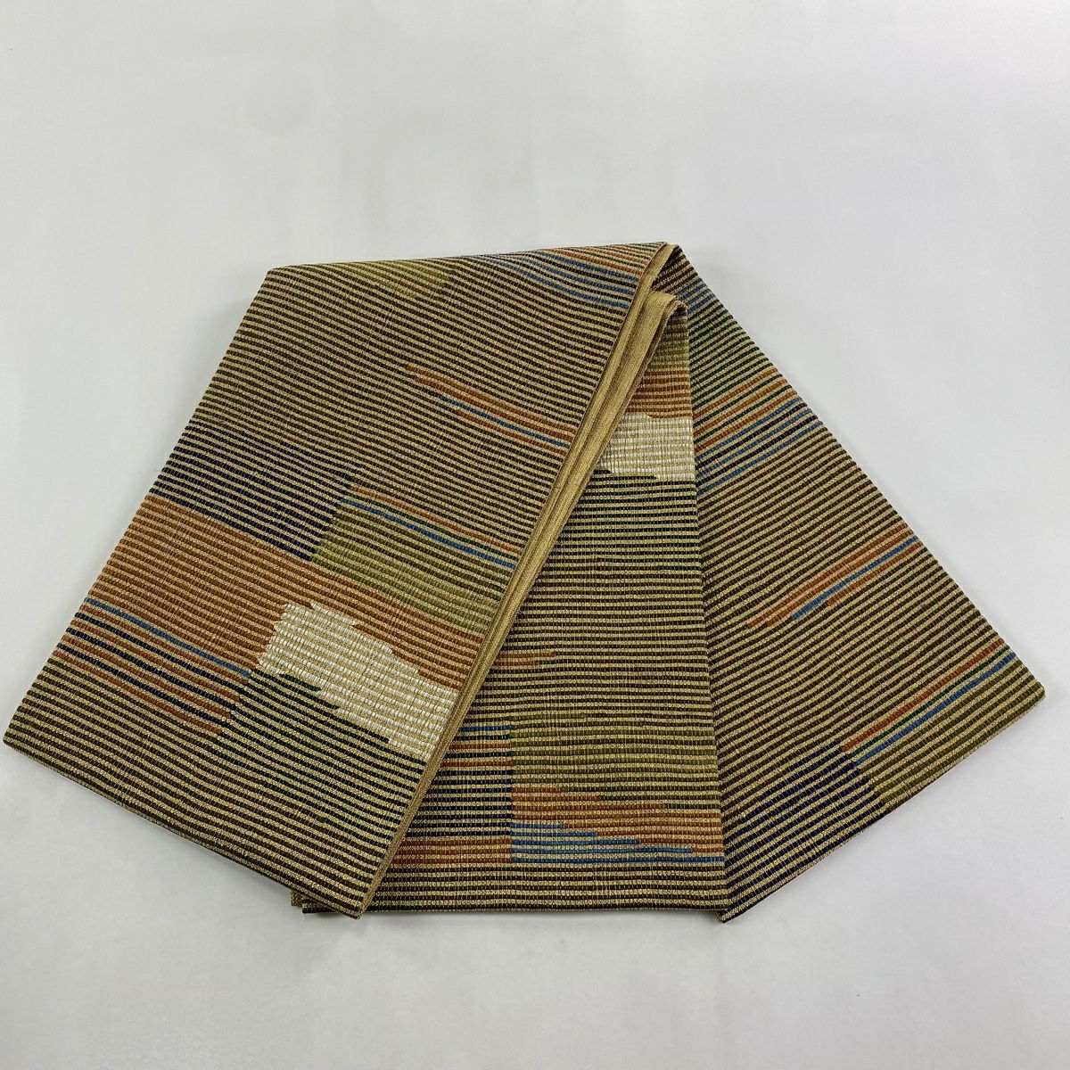 【美品】 袋帶 名品級 縞 金糸 茶綠 六通 純蠶絲