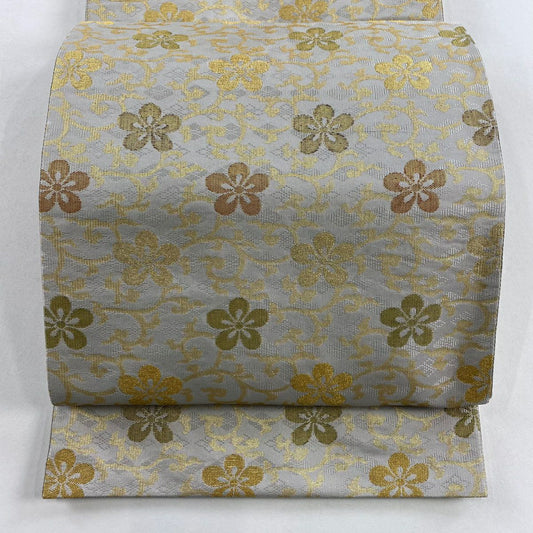 【美品】 袋帶 名品級 ますいわ屋 名物裂文 花唐草紋 金金箔 金絲 灰色 全通 純蠶絲