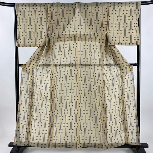 紬織 身長159.5cm 袖長67cm M 薄物 琉球絣 證書齊全 絣花紋 薄茶 純蠶絲 逸品級