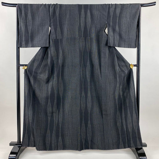 【美品】 紬織 身長163.5cm 袖長67cm M 雙層 龜甲絣 立涌 黑灰 純蠶絲 逸品級