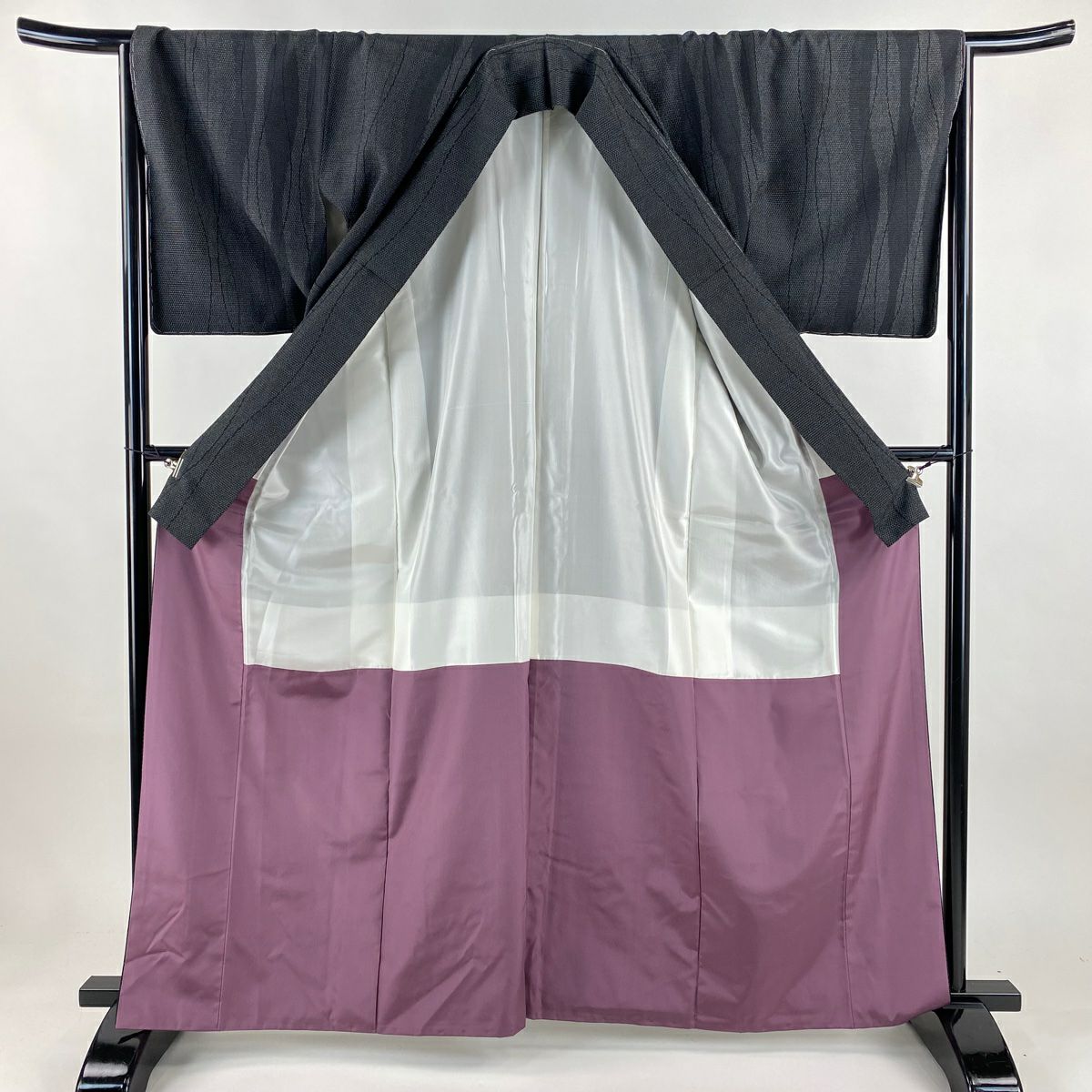 【美品】 紬織 身長163.5cm 袖長67cm M 雙層 龜甲絣 立涌 黑灰 純蠶絲 逸品級