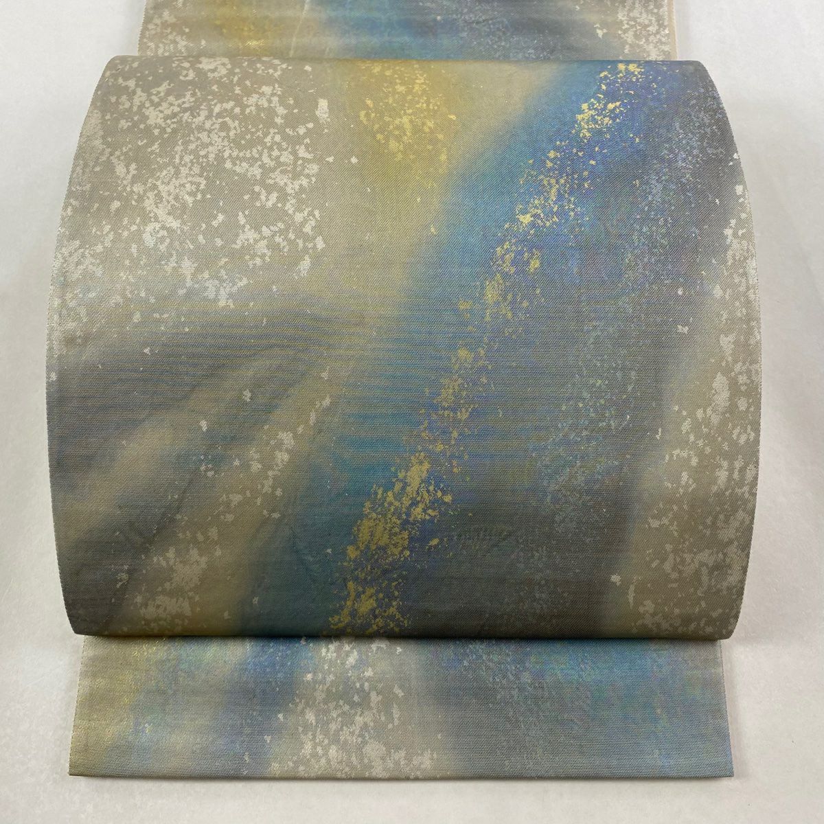 【美品】 袋帶 逸品級 證書齊全 幾何圖案 金金箔 青灰 深藍色 六通 純蠶絲