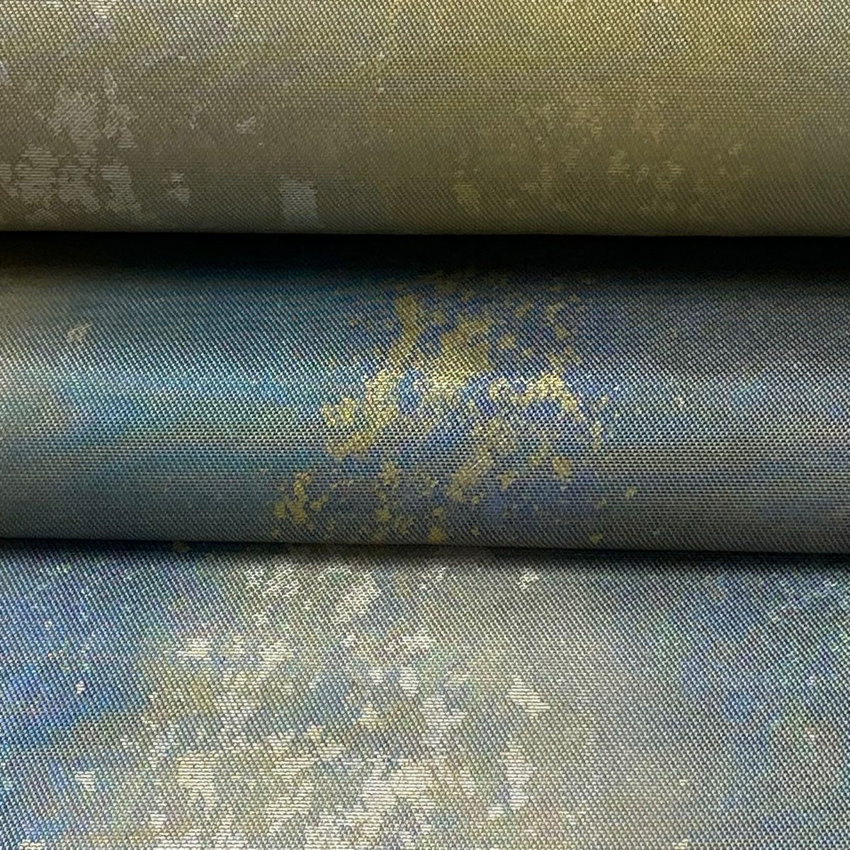 【美品】 袋帶 逸品級 證書齊全 幾何圖案 金金箔 青灰 深藍色 六通 純蠶絲